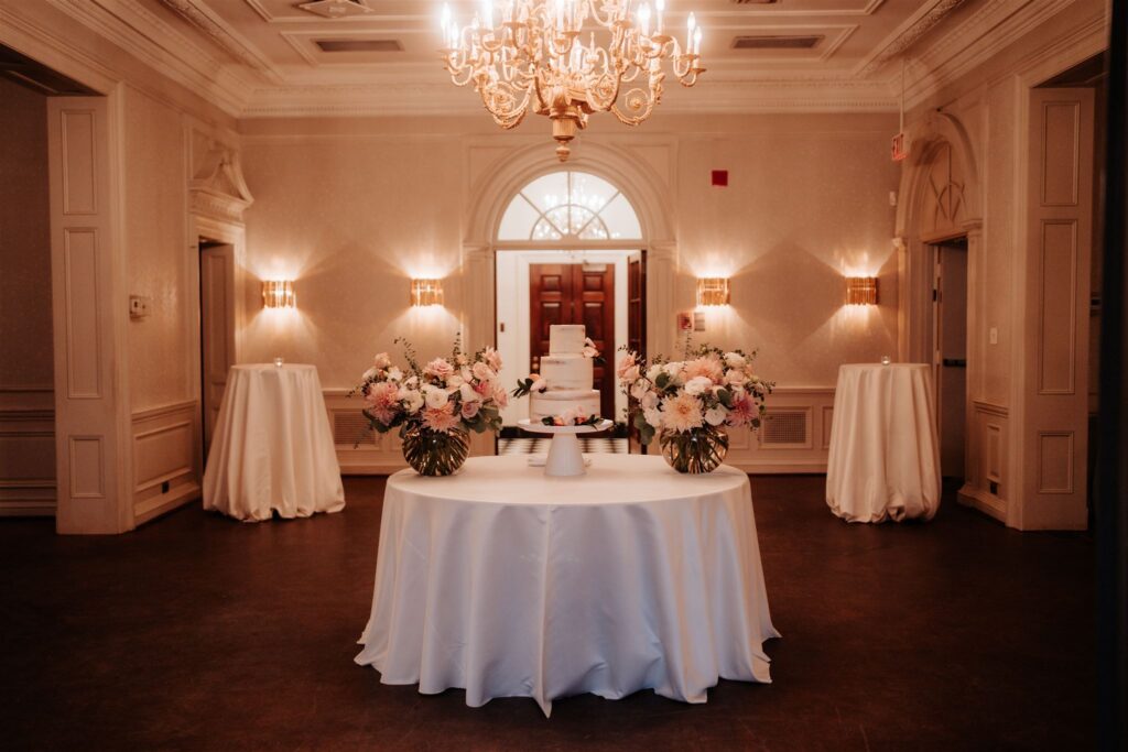 Wedding reception decor and cake at Graydon Hall Manor.